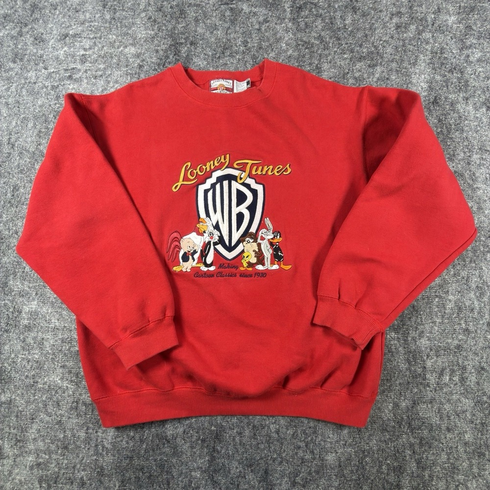 Vintage 90s Looney Tunes Embroidered Graphic Crewneck Sweatshirt Red Size XL